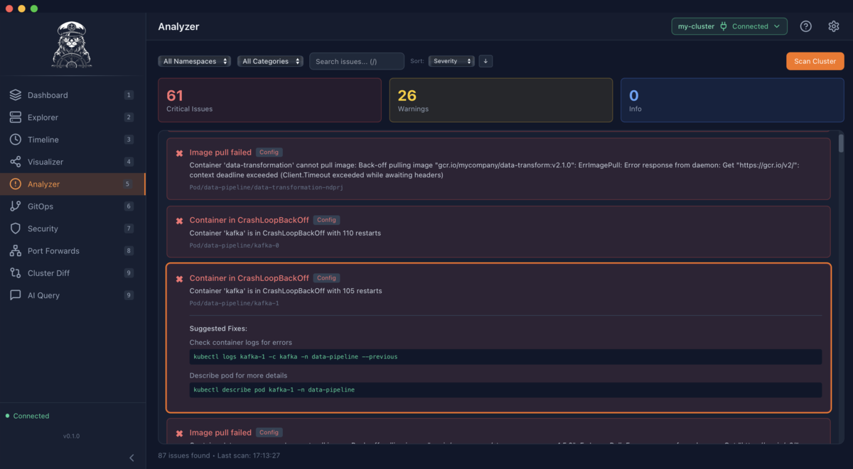 Kubecat Analyzer view showing critical issues and warnings